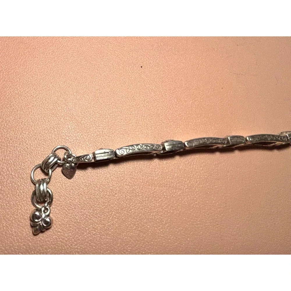 Brighton Silver Tone Scroll Link Bracelet Heart Charm Lobster Clasp 8.25 Inch